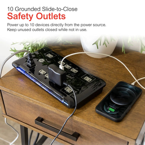 UltraPro 10 Outlet Surge Protector With USB Charging and Two USB Ports 2880 Joules 4 Foot Cord Black on desk