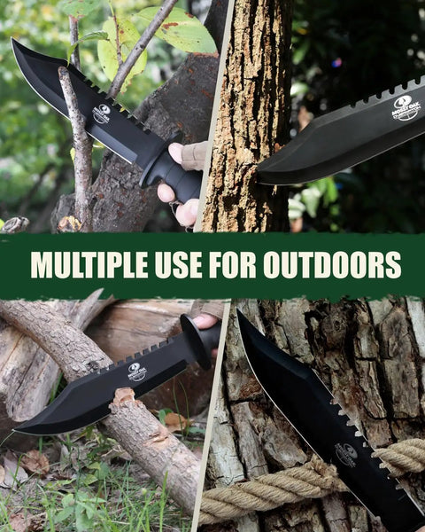 15 Inch Survival Knife With Sharpener And Fire Starter Fixed Blade Bushcraft Knife in use cutting wood outdoors