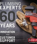 Delta plumbing experts celebrating 60 years of innovation and support with a wrench and gloves on dark surface.