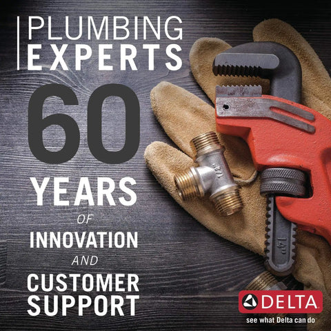 Delta Plumbing Experts 60 Years of Innovation and Customer Support logo with red pipe wrench and gloves