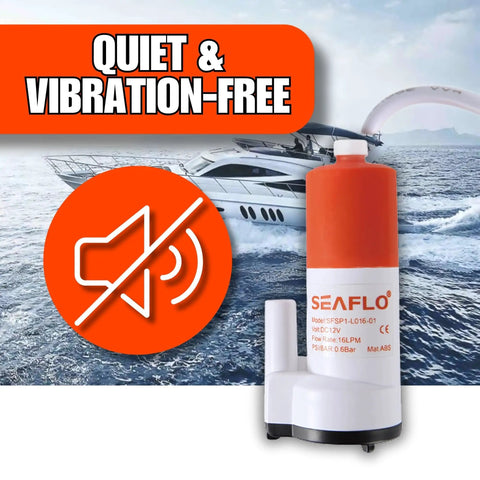 Quiet vibration-free Seaflo pump with boat graphic, 12V 4 GPM Submersible Water Transfer Pump for Intermittent Duty in Stainless Steel
