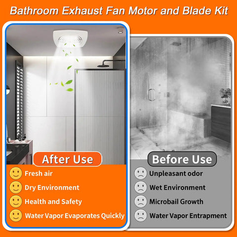 Comparison of bathroom exhaust fan impact, before and after use, showing improved air quality and reduced moisture.