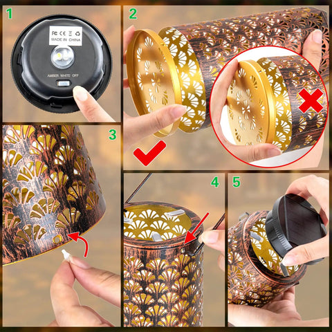 Close-up of Lit Solar Lanterns Outdoor 2 Pack Waterproof Hanging Yard Decor Lights, showing assembly and decorative cut-out details.