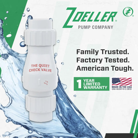 1-1/2 In PVC Full-Flow Check Valve With Slip Unions For Sump Pump Discharge Backflow Prevention And Water Hammer Reduction 50 PSI Rated Easy Install Solvent-Weld Union Non-Clog Design Delivers Quick Flow And Keeps Your Sump Pump Running Smooth in product packaging with warranty information.