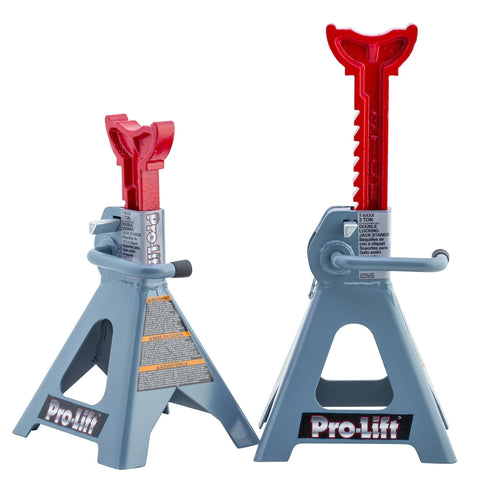 Two Pro-Lift 3-Ton double-pin jack stands, blue steel bases with red lifting posts