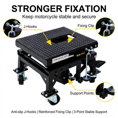 Heavy Duty Hydraulic Motorcycle Lift Table With 300 Lb Foot Step Lever Wide Rolling Platform Non Slip Surface Mean Garage Rig For Dirt Bikes Cruisers Atv Riders Tune Ups And Detailed Repairs At Home