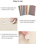 540 Piece Hole Cover Stickers Set 10 Sheets Textured PVC Caps Stick On For Cabinets Bookcases And Desks In 10 Colors Fits Countersunk Screws And Cam Locks Mixed Colors displayed with usage steps