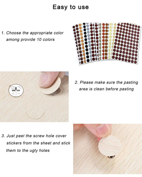 540 Piece Hole Cover Stickers Set 10 Sheets Textured PVC Caps Stick On For Cabinets Bookcases And Desks In 10 Colors Fits Countersunk Screws And Cam Locks Mixed Colors displayed with usage steps