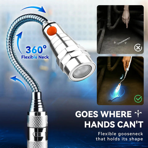 Extendable Magnetic Flashlight With Telescoping Magnet Pickup Tool showing 360-degree flexible neck, perfect for hard-to-reach areas