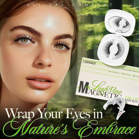 Close-up of model wearing Magnetic Eyelashes Kit With Reusable Soft Lashes And Applicator, product box and case visible