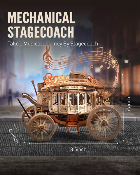 Stagecoach 3D Wooden Puzzle Kit For Adults Wind Up Music Box DIY Model Western Vehicle Craft Project Dope Gift For Ages 14 And Up Hands On Home Display, 8.5x5.7x4.4 inch