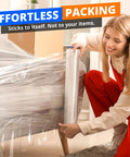 A woman using Heavy Hitter Stretch Wrap 6 Pack Rolls 18 Inches Wide 1500 Feet Long 80 Gauge Thick Clear Industrial Shrink Film.
