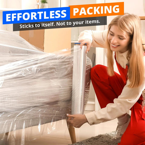 A woman using Heavy Hitter Stretch Wrap 6 Pack Rolls 18 Inches Wide 1500 Feet Long 80 Gauge Thick Clear Industrial Shrink Film.