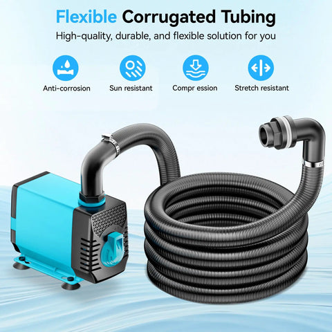 Easy Install Pond Waterfall Spillway Kit With 660 GPH Pump 304 Stainless Steel Waterfall Box With Filtration And Nine Point Eight Foot Corrugated Tubing Outdoor Fountain Kit For Garden Koi Pond Or Backyard showing pump and tubing