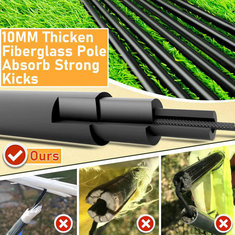 Image of 10mm thick fiberglass poles for Kids Backyard Soccer Goal Net 5x3.6 Feet Two Set For Home Practice And Family Fun Weather Resistant And Easy Setup Turn Your Yard Into A Mini Stadium For Focused Drills And Real Soccer Play, illustrating strength to absorb strong kicks.