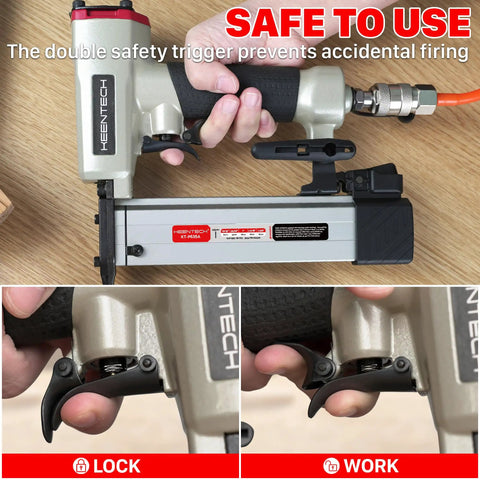 Hella Smooth Pneumatic Pin Nailer 23 Gauge With Badass Air Pressure Control, showing safe trigger mechanism.