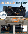 Rugged 13 Horsepower Gas Air Compressor Featuring A Bulletproof 30 Gallon Horizontal Tank That Pushes 180 Psi And Delivers 18 Cfm with air outlet and drain valve.