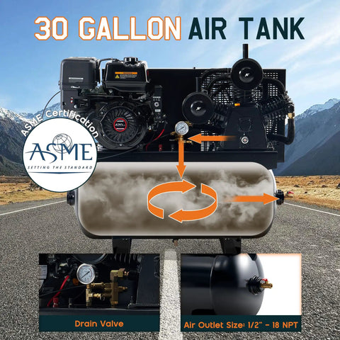 Rugged 13 Horsepower Gas Air Compressor Featuring A Bulletproof 30 Gallon Horizontal Tank That Pushes 180 Psi And Delivers 18 Cfm with air outlet and drain valve.