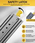 Close-up of Heavy Duty Drawer Slides With 500 Lb Capacity 80 Inch Locking Full Extension Ball Bearing Slides showing safety latch
