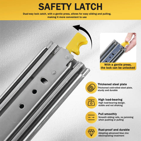 Close-up of side mount drawer slides 80 inch long noiseless heavy duty 500 lb capacity with lock, showing latch mechanism.