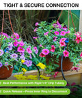 Hanging flower pots with Drip Irrigation Emitters 40 Pack Quick Connect for Quarter Inch Tubing in a garden setup.