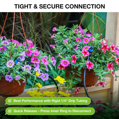 Quick Connector Drip Emitter Set for One Quarter Inch Tubing in garden hanging pots with flowers, tight connection.