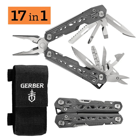Truss 17 In 1 EDC Pliers Multi Tool with needle nose pliers, knife, sheath, and tools displayed.