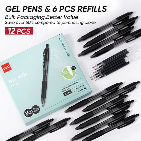 Bulk Gel Pens 0.7mm Retractable Black Ink Set 12 Pens With 6 Refills on display with packaging box.