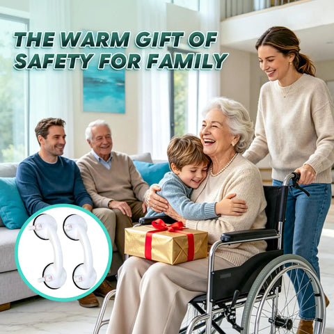 Upgraded Suction Shower Grab Bars For Seniors Monster Grip Stability Visual Safety Indicator No Sweat Setup Handheld Safety Handle Big Time Support Absolute Game Changer Bathroom Security Fixture gift with family and grandparents in cozy living room setting.