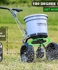 Beast 50 Lb Walk Behind Spreader for Lawn Care, 10 to 12 Foot Coverage, spreading fertilizer over grass field