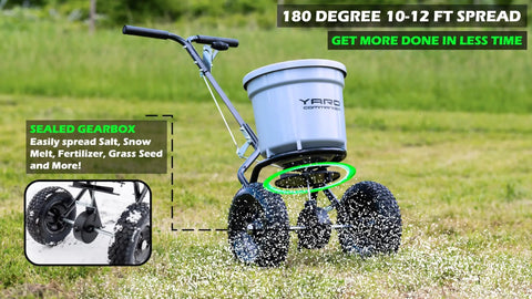 Beast 50 Lb Walk Behind Spreader for Lawn Care, 10 to 12 Foot Coverage, spreading fertilizer over grass field