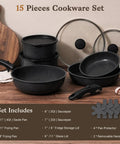 15 Piece Nonstick Pots And Pans Set With Detachable Handles Induction Compatible on wooden surface with glass lids