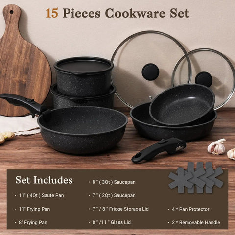 15 Piece Nonstick Pots And Pans Set With Detachable Handles Induction Compatible on wooden surface with glass lids