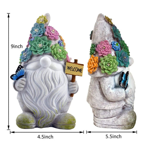 Epic Outdoor Solar Gnome Garden Statues With 10 Warm White LEDs hand-painted gnome with welcome sign and butterfly, side and front view.