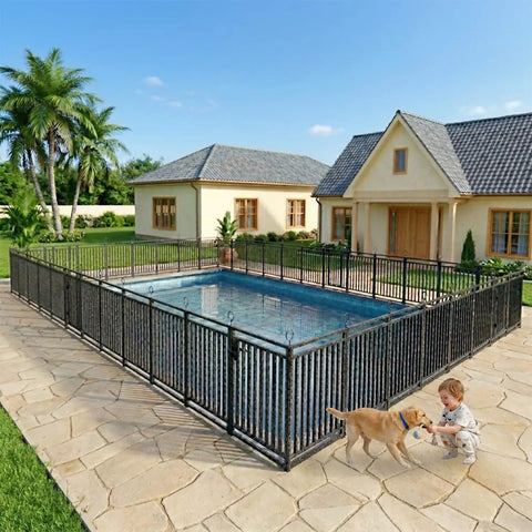 Removable Pool Fence 36Ft By 40In, 14 Panels And 2 Gates, In-Ground Safety Barrier For Pets around pool in backyard setting