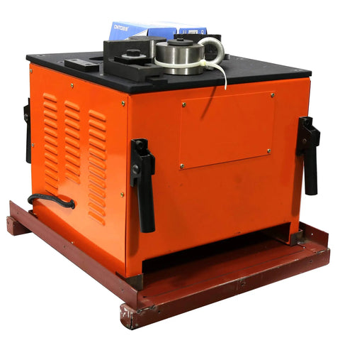 Pro Grade Hydraulic Electric Rebar Bender Built Like A Tank To Bend Steel Rods At One Eighty Degrees With Swappable Rollers Handling Six To Thirty Two Millimeter Bars For Contractors Wanting Zero Hassle, showing orange machine with handles and rollers.