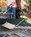 Golf Themed 8 Piece Barbecue Grill Utensils Set With Golf Club Spatula Golf Ball Tongs And Two Golf Ball Salt And Pepper Shakers For Outdoor Cooking And Camping in use on grill with vegetables and meat.