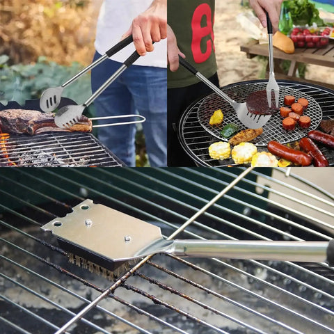 Golf Themed 8 Piece Barbecue Grill Utensils Set With Golf Club Spatula Golf Ball Tongs And Two Golf Ball Salt And Pepper Shakers For Outdoor Cooking And Camping in use on grill with vegetables and meat.