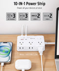 Heavy Hitter Power Strip Surge Protector With Six Wide Spread Outlet Plugs And Four Fast Charge USB Ports Including Dual Type C Inputs on a desk.