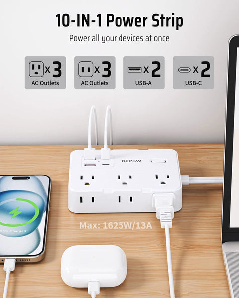 Heavy Hitter Power Strip Surge Protector With Six Wide Spread Outlet Plugs And Four Fast Charge USB Ports Including Dual Type C Inputs on a desk.