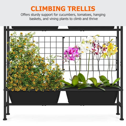 Close-up of plants using trellis in 32 Inch Tall Elevated Raised Garden Bed With Trellis And Sturdy Legs For Vertical Outdoor Gardening.