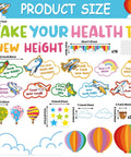 Hot Air Balloon Healthy Bulletin Board Set For Classroom Decor With Colorful Cutouts And Borders 73 Piece Kit Includes Healthy Habits Cutouts Take Your Health To New Height Letters Clouds Stars And Borders For Back To School Chalkboard Wall, featuring size chart and cutouts.