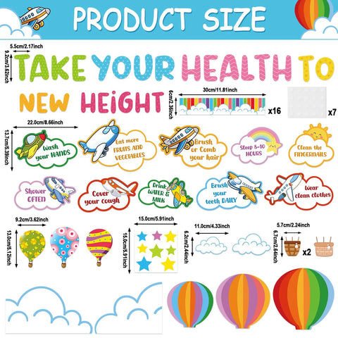 Hot Air Balloon Healthy Bulletin Board Set For Classroom Decor With Colorful Cutouts And Borders 73 Piece Kit Includes Healthy Habits Cutouts Take Your Health To New Height Letters Clouds Stars And Borders For Back To School Chalkboard Wall, featuring size chart and cutouts.