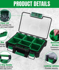13.5 Inch Small Parts Organizer Box with Stackable Design, 7 Compartments, Removable Dividers, Clear Lid, Impact-Resistant