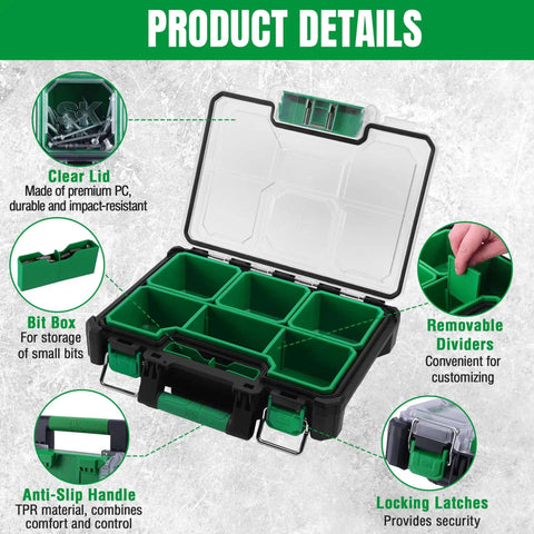 13.5 Inch Small Parts Organizer Box with Stackable Design, 7 Compartments, Removable Dividers, Clear Lid, Impact-Resistant