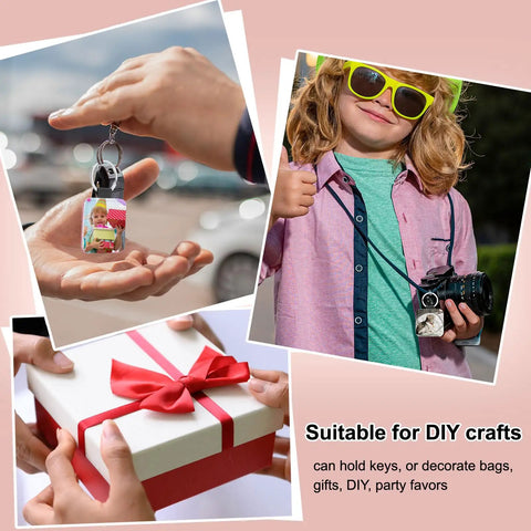Collage featuring 12 Pack White Sublimation Keychain Blanks Squares 1.97 Inch Double Sided PU Leather For DIY Crafts in use