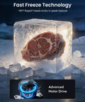 Massive 11 Cu Ft 4 In 1 Convertible Upright Freezer And Refrigerator showing fast freeze technology with meat in ice.