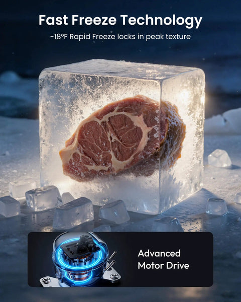 Massive 11 Cu Ft 4 In 1 Convertible Upright Freezer And Refrigerator showing fast freeze technology with meat in ice.