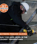 Person using a saw wearing Unisex Extreme Cold Weather Work Gloves With Insulation For Minus 30 Degrees Fahrenheit, Black, Medium.