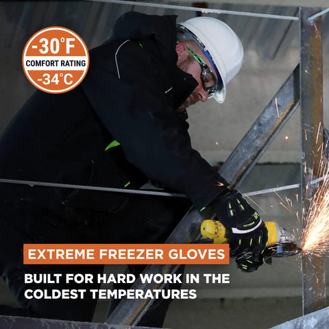 Person using a saw wearing Unisex Extreme Cold Weather Work Gloves With Insulation For Minus 30 Degrees Fahrenheit, Black, Medium.